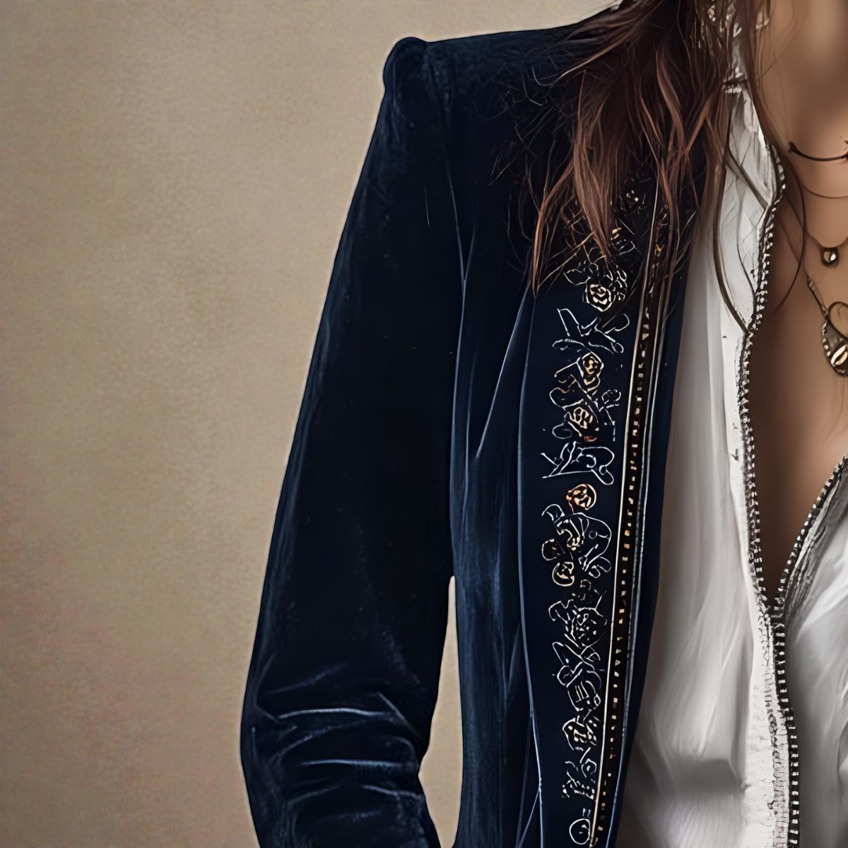 Floral Embroidered Velvet Longline Blazer