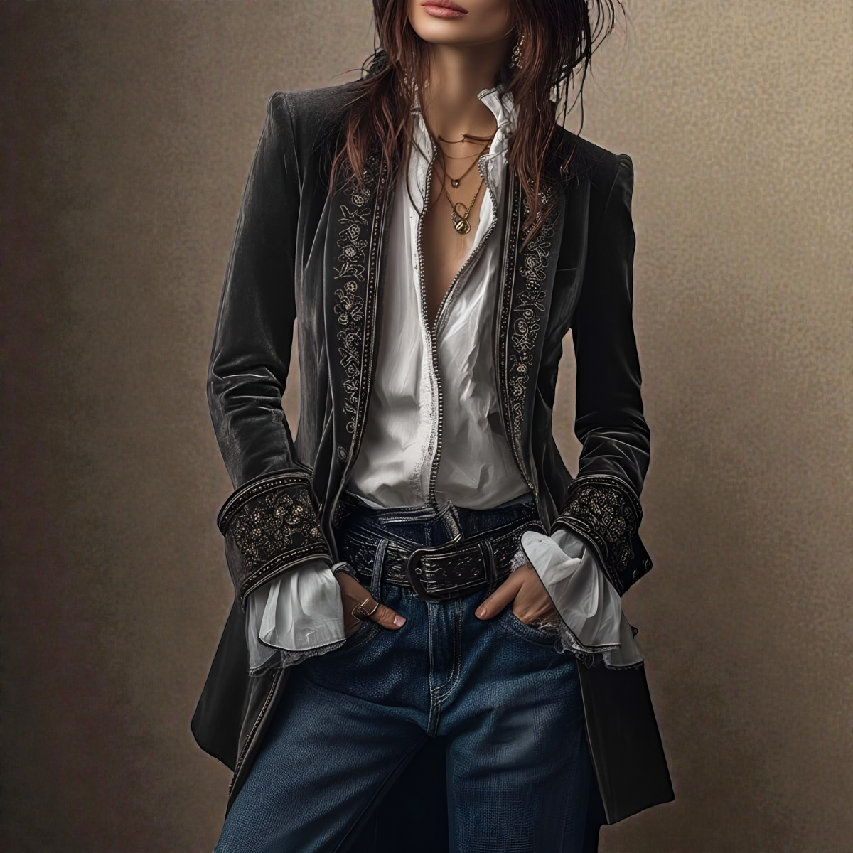 Embroidered Longline Velvet Look Blazer