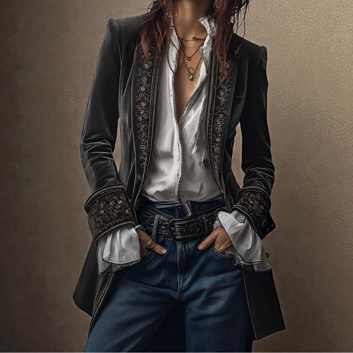 Floral Embroidered Velvet Longline Blazer