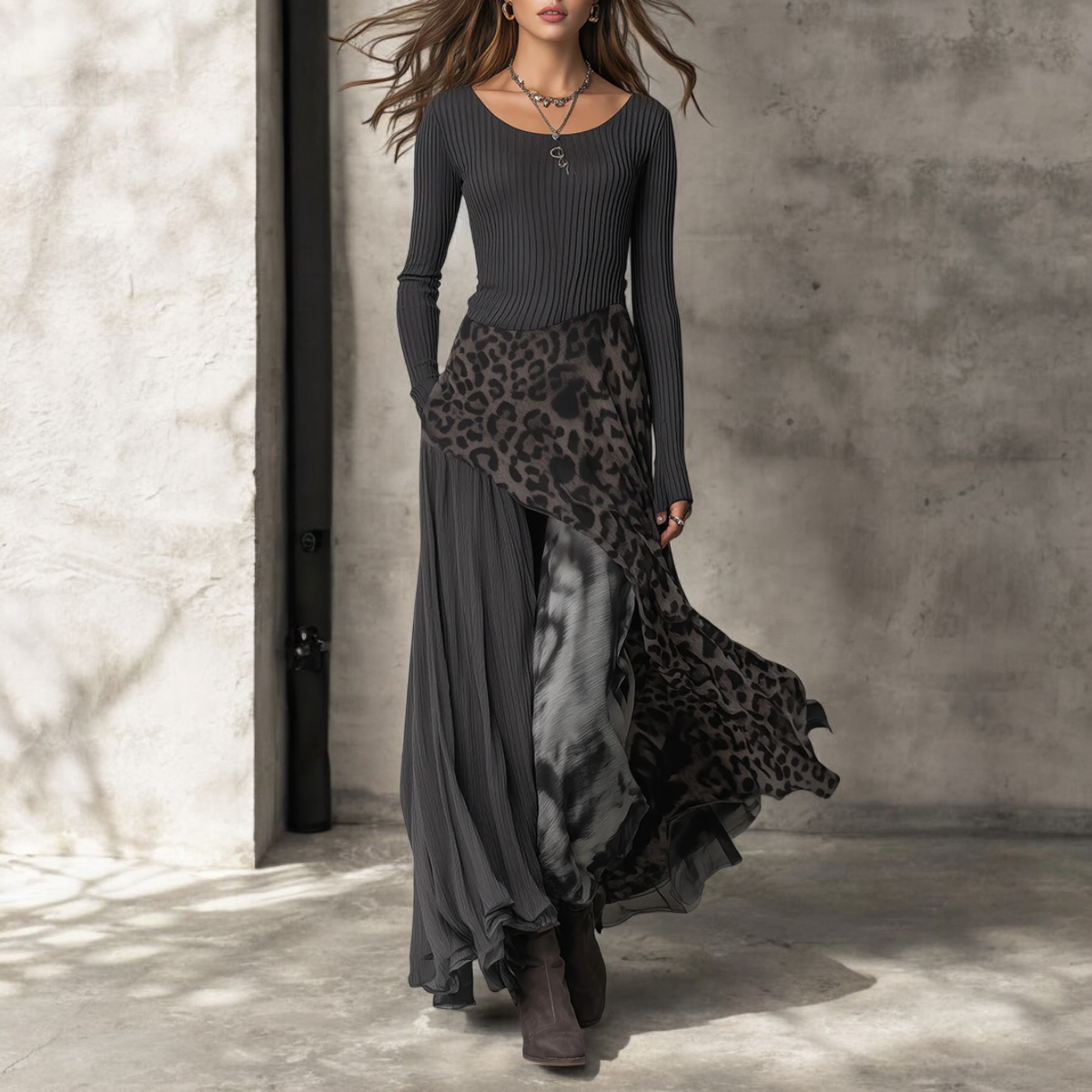 Long Sleeve Ribbed Top and Leopard Print Asymmetric Maxi Skirt Two Piece Set