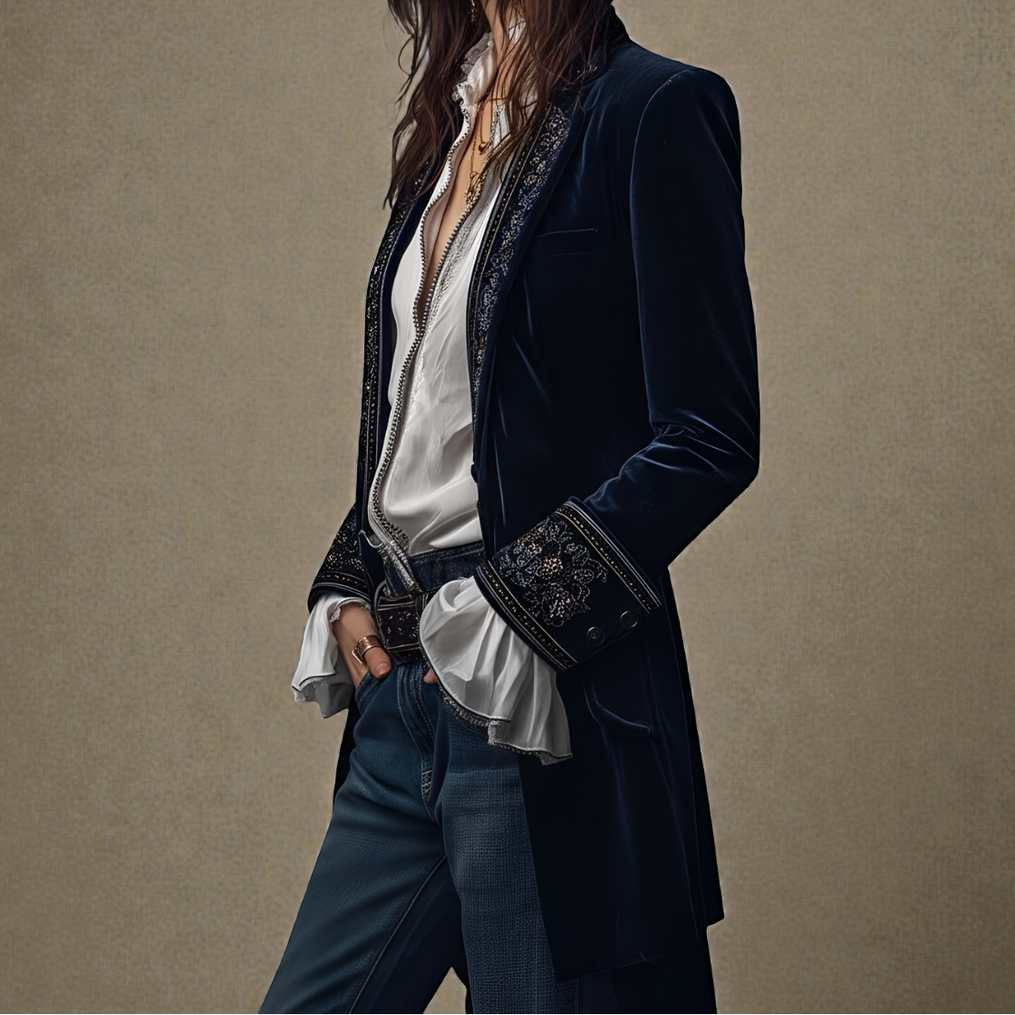 Floral Embroidered Velvet Longline Blazer