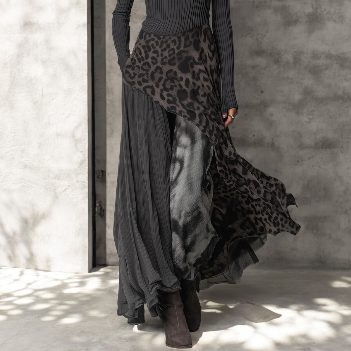 Long Sleeve Ribbed Top and Leopard Print Asymmetric Maxi Skirt Two Piece Set
