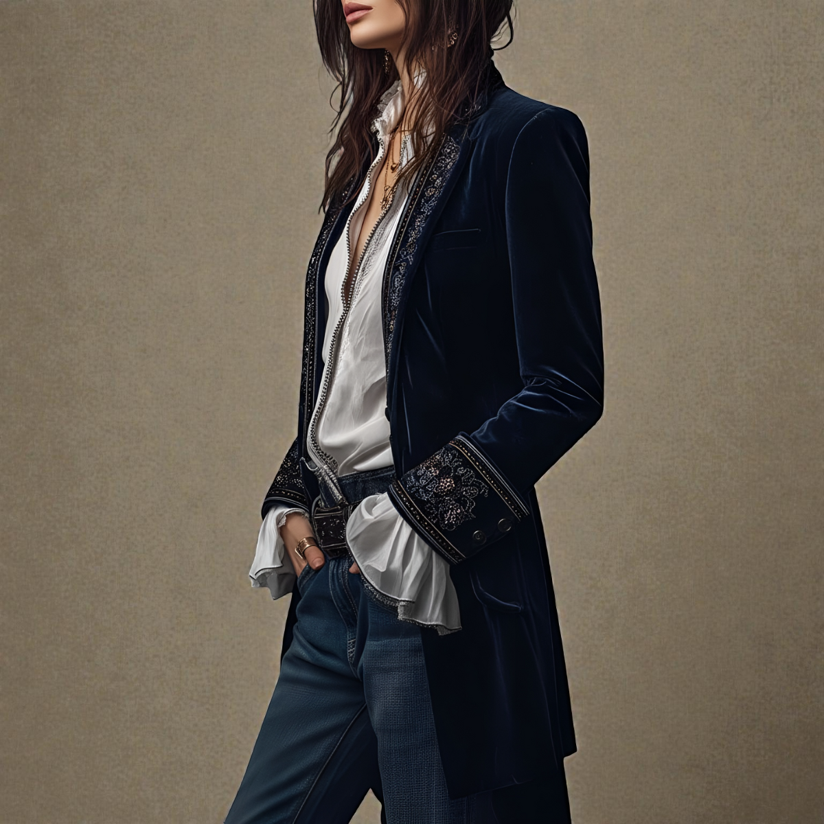 Embroidered Longline Velvet Look Blazer