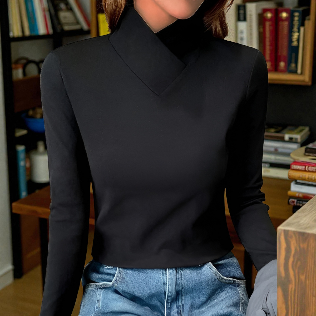Asymmetric Turtleneck Long Sleeve Slim Top