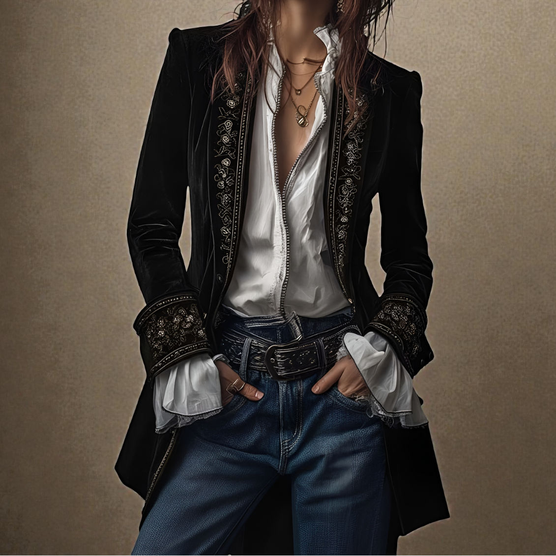 Floral Embroidered Velvet Longline Blazer