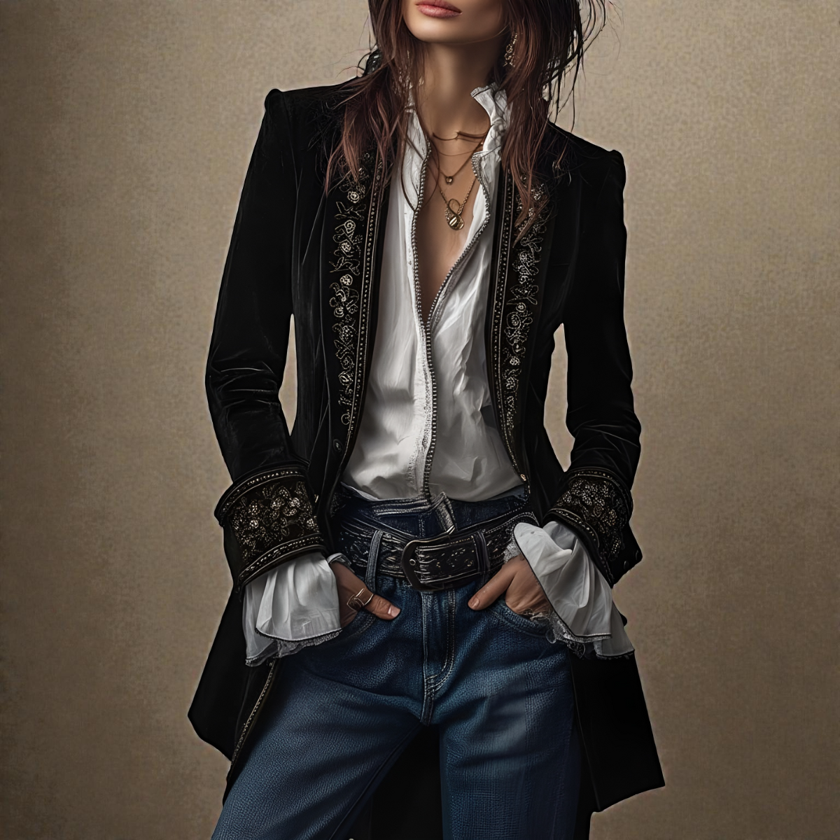 Embroidered Longline Velvet Look Blazer