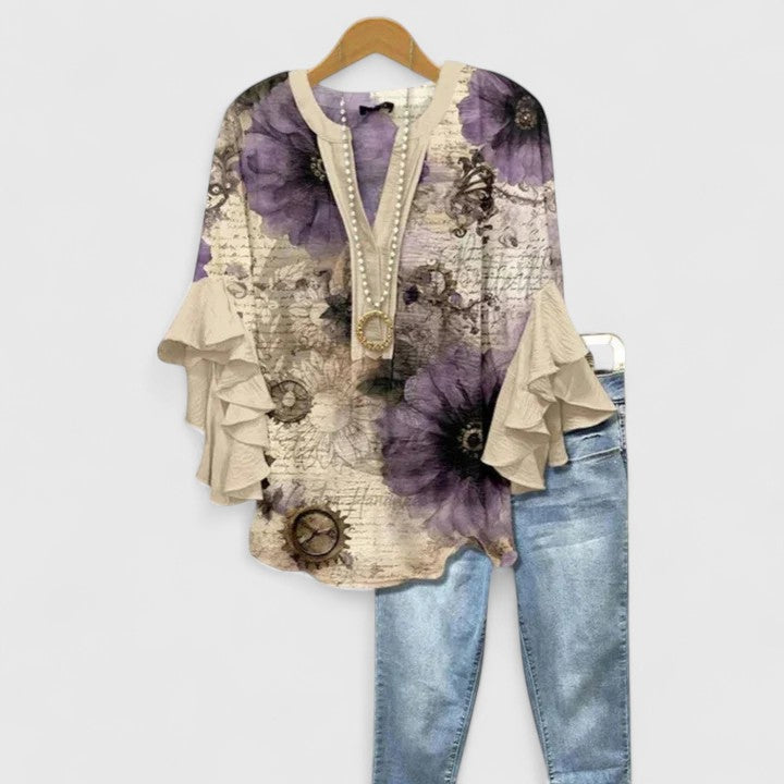 Floral Print V-Neck Ruffle Flare Sleeve Blouse