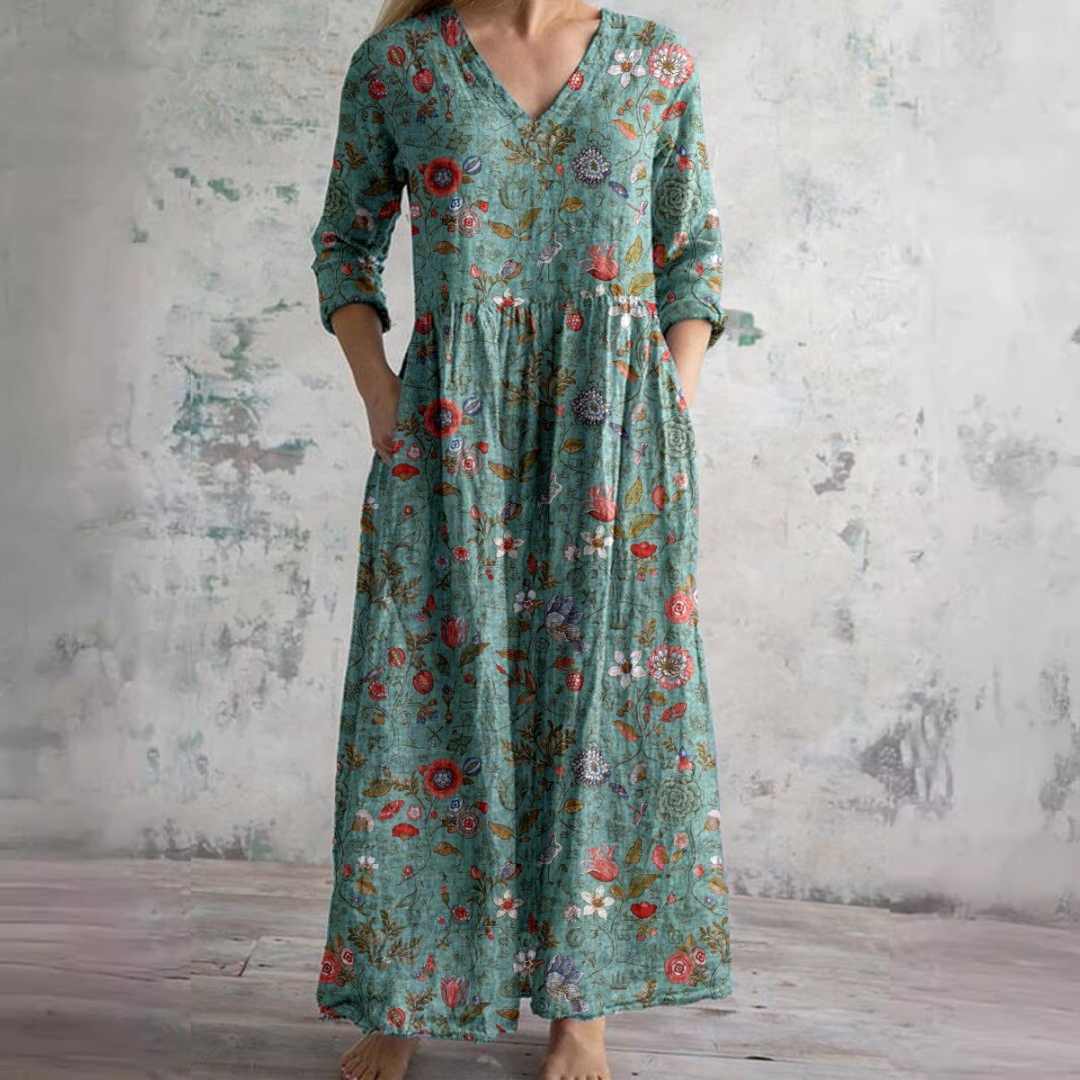 Floral Print V-Neck Long Sleeve Tiered Maxi Dress 8