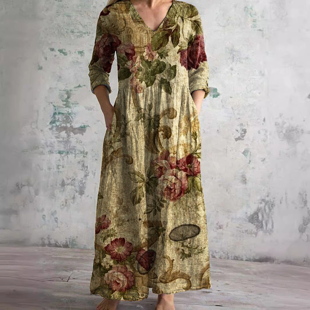 Floral Print V-Neck Long Sleeve Tiered Maxi Dress 9