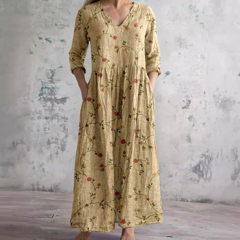 Ditsy Floral V-Neck Long Sleeve Pocket Maxi Dress