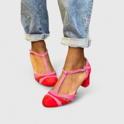 T Strap Cut Out Suede Block Heel Mary Jane Pumps