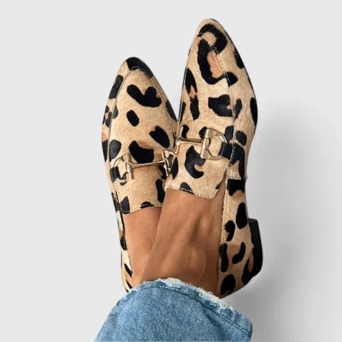 Leopard Print Pointed Toe Buckle Loafers
