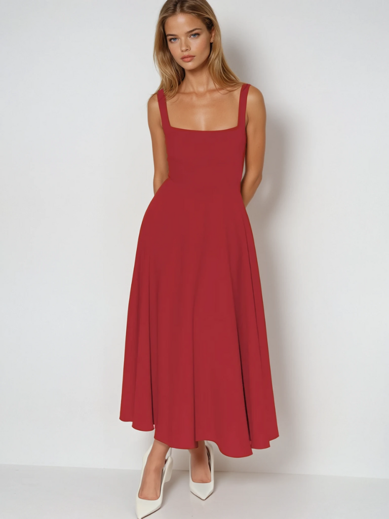 Trinity - Elegant Solid Sleeveless A-Line Midi Dress Red