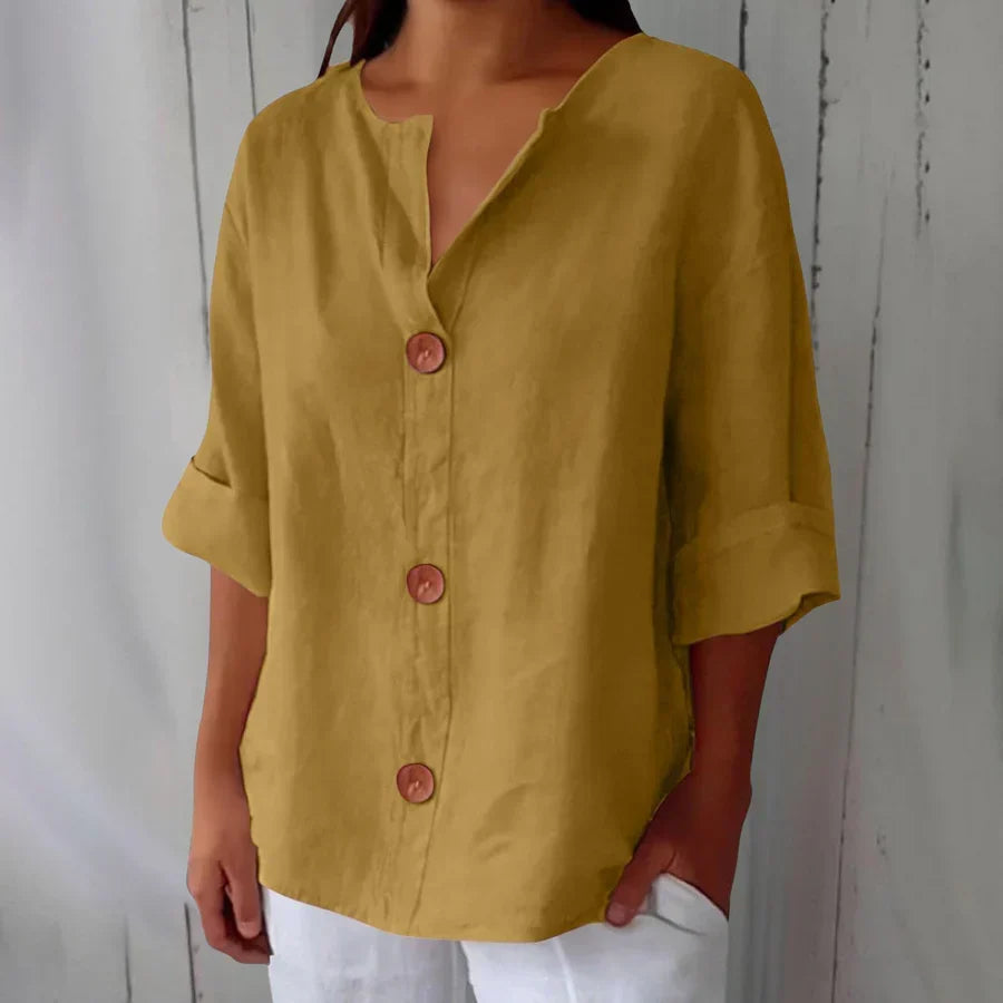 Button Front Notch Neck Half Sleeve Linen Blouse
