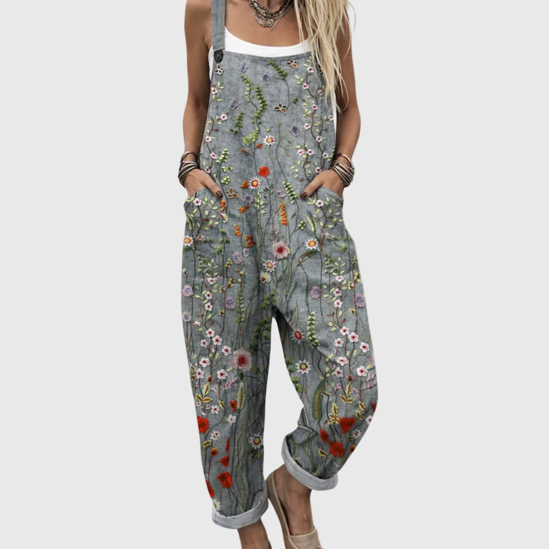 Floral Print Wide Leg Pocket Overall Jumpsuit