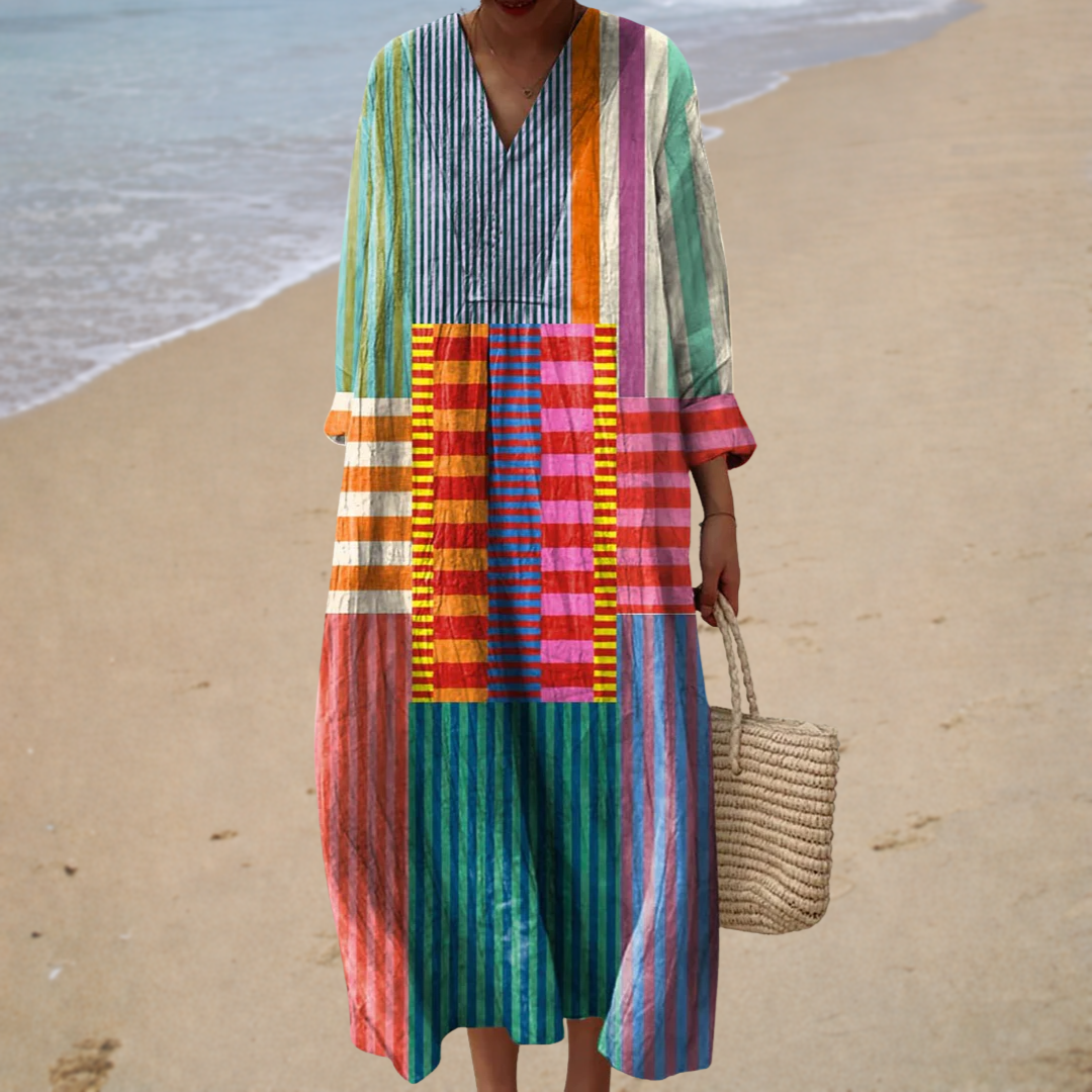 Striped Patchwork V-Neck Long Sleeve Oversized Maxi Dress