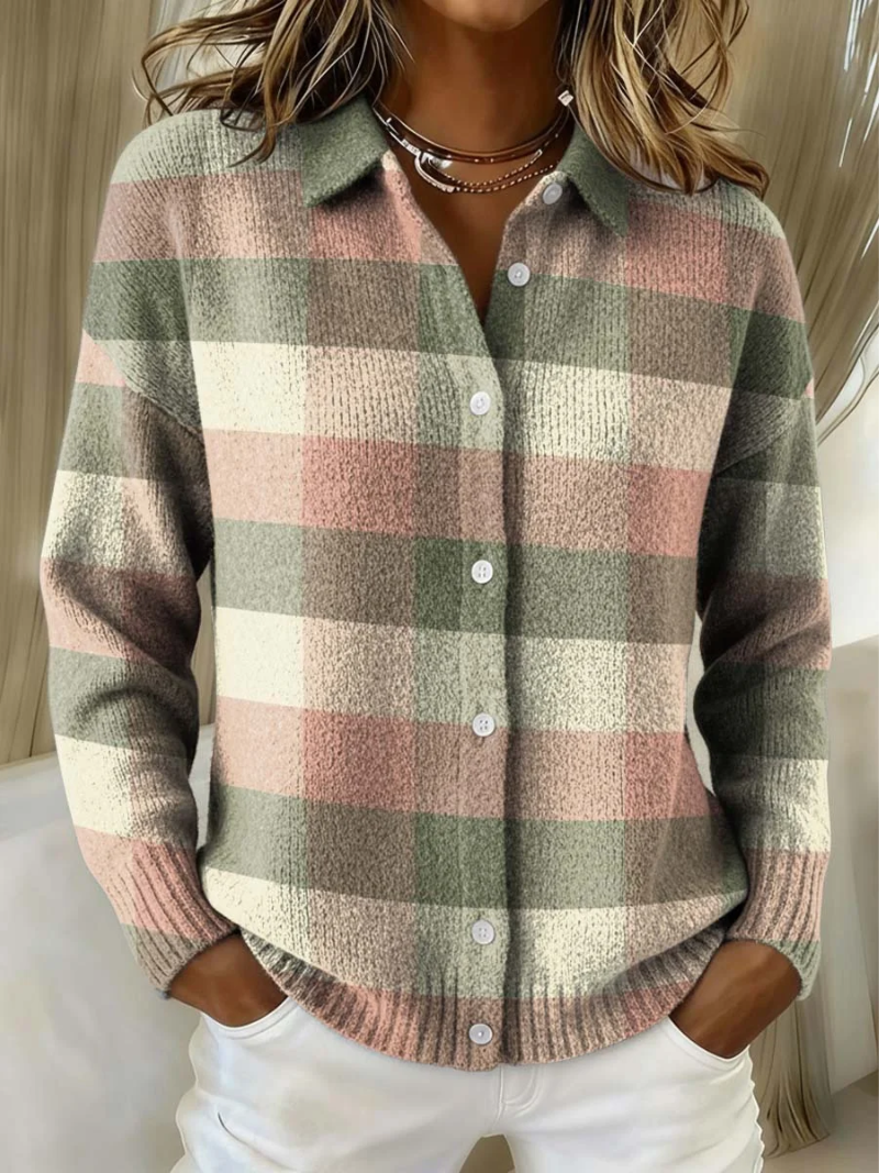 Plaid Collared Button Front Knit Shirt Jacket