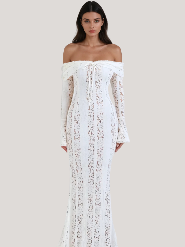 Lace Off Shoulder Long Sleeve Tie Front Mermaid Maxi Dress