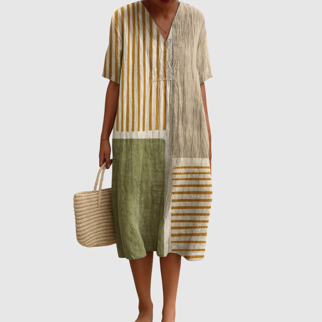 Striped Colorblock V-Neck Short Sleeve Shift Midi Dress