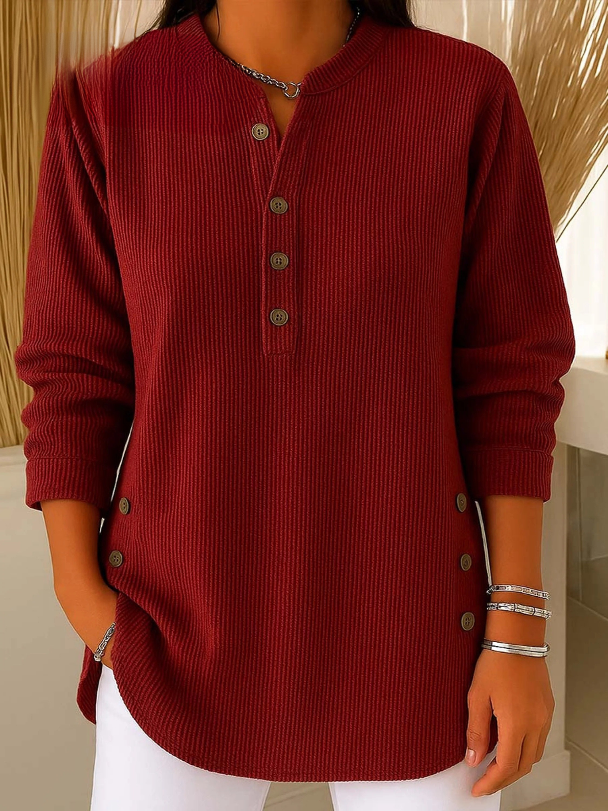 Ribbed Henley Long Sleeve Button Side Curved Hem Top