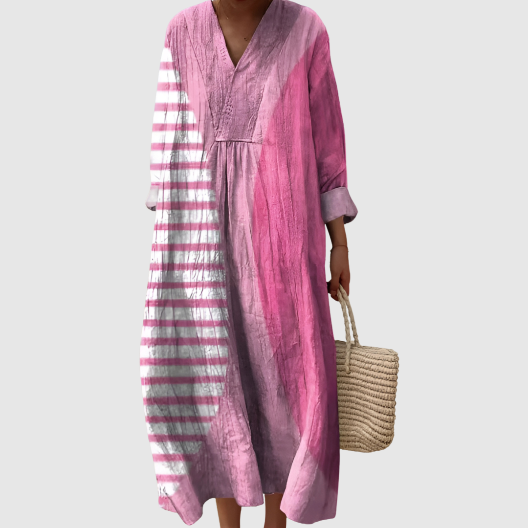 Striped Contrast V-Neck Long Sleeve Maxi Dress