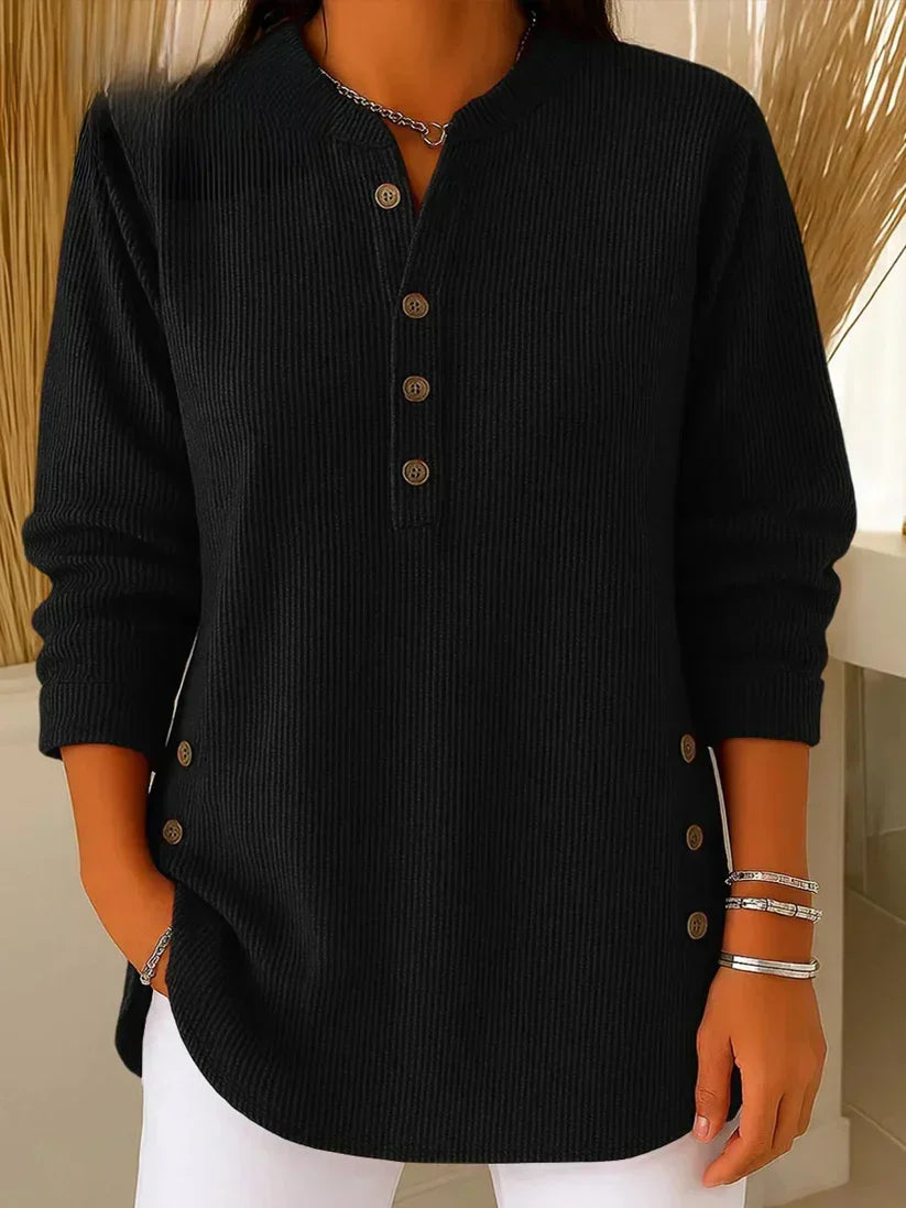 Ribbed Henley Long Sleeve Button Side Curved Hem Top
