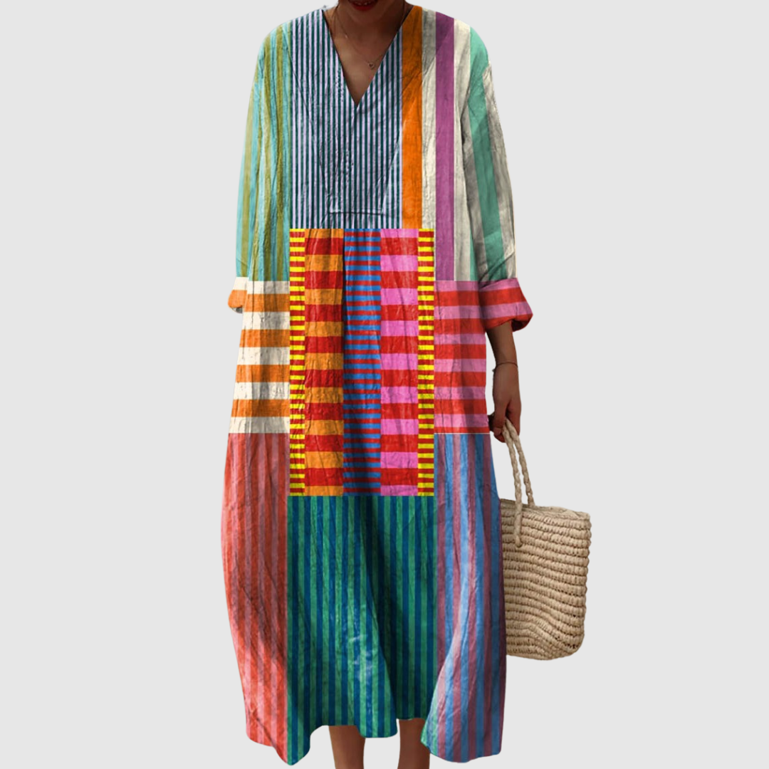 Striped Patchwork Print V-Neck Long Sleeve Maxi Dress