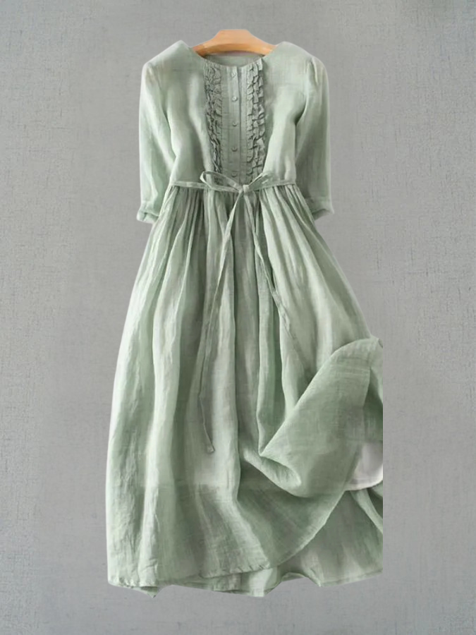 Arya - Women's Retro Style Dress with Round Neck and Waist Ties Green