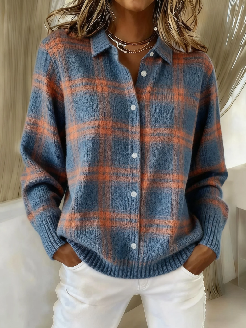 Plaid Collared Button Front Long Sleeve Knit Cardigan