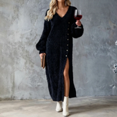 Fuzzy Knit V-Neck Long Sleeve High Split Maxi Dress 2