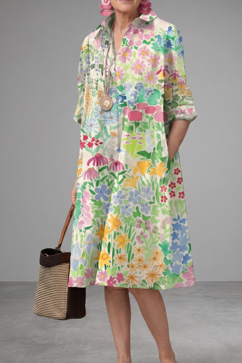 Floral Print Collared Half Sleeve Loose Midi Shirt Dress