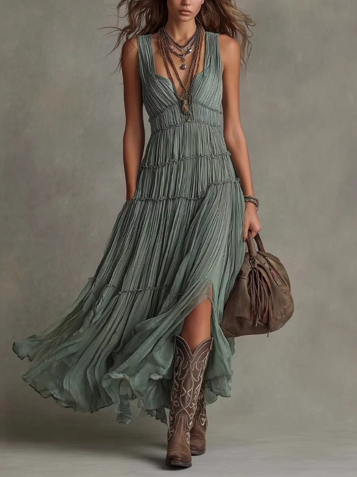 Pleated V-Neck Sleeveless High Split Tiered Maxi Dress