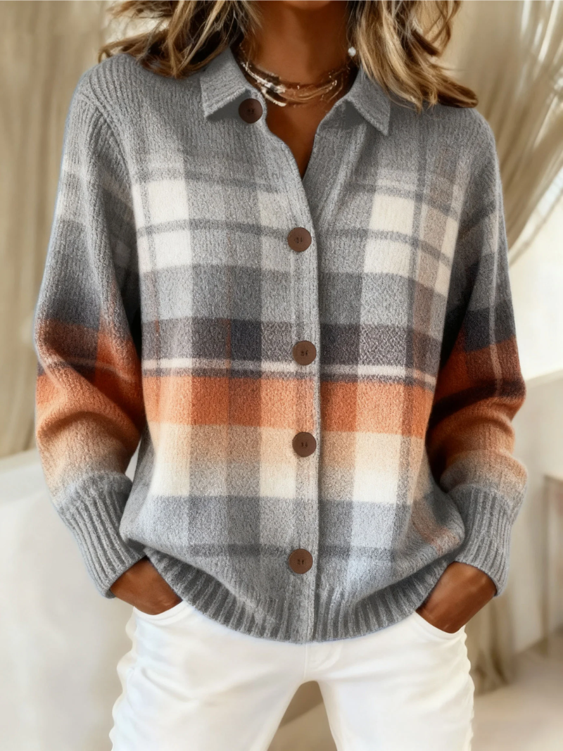 Plaid Collared Button Front Long Sleeve Knit Cardigan
