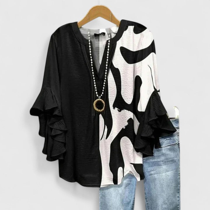 Floral Print V-Neck Ruffle Flare Sleeve Blouse