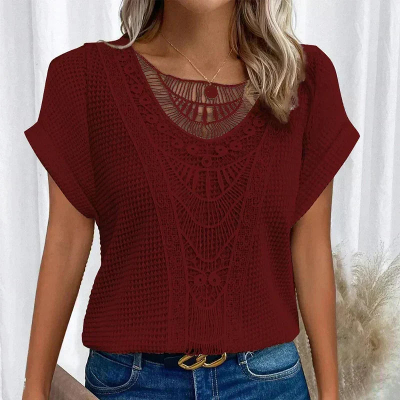 Crochet Lace Panel Short Sleeve Knit Top