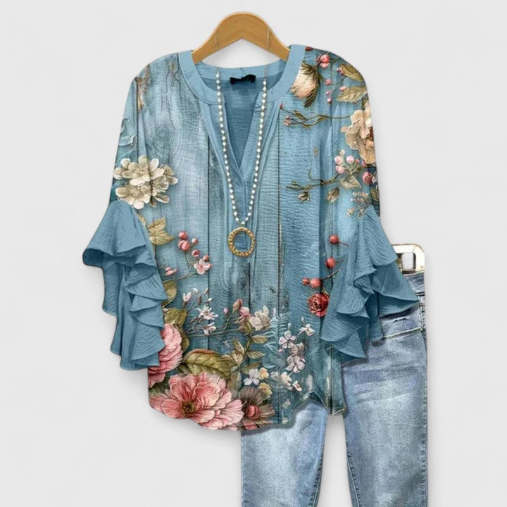 Floral Print V-Neck Ruffle Flare Sleeve Blouse