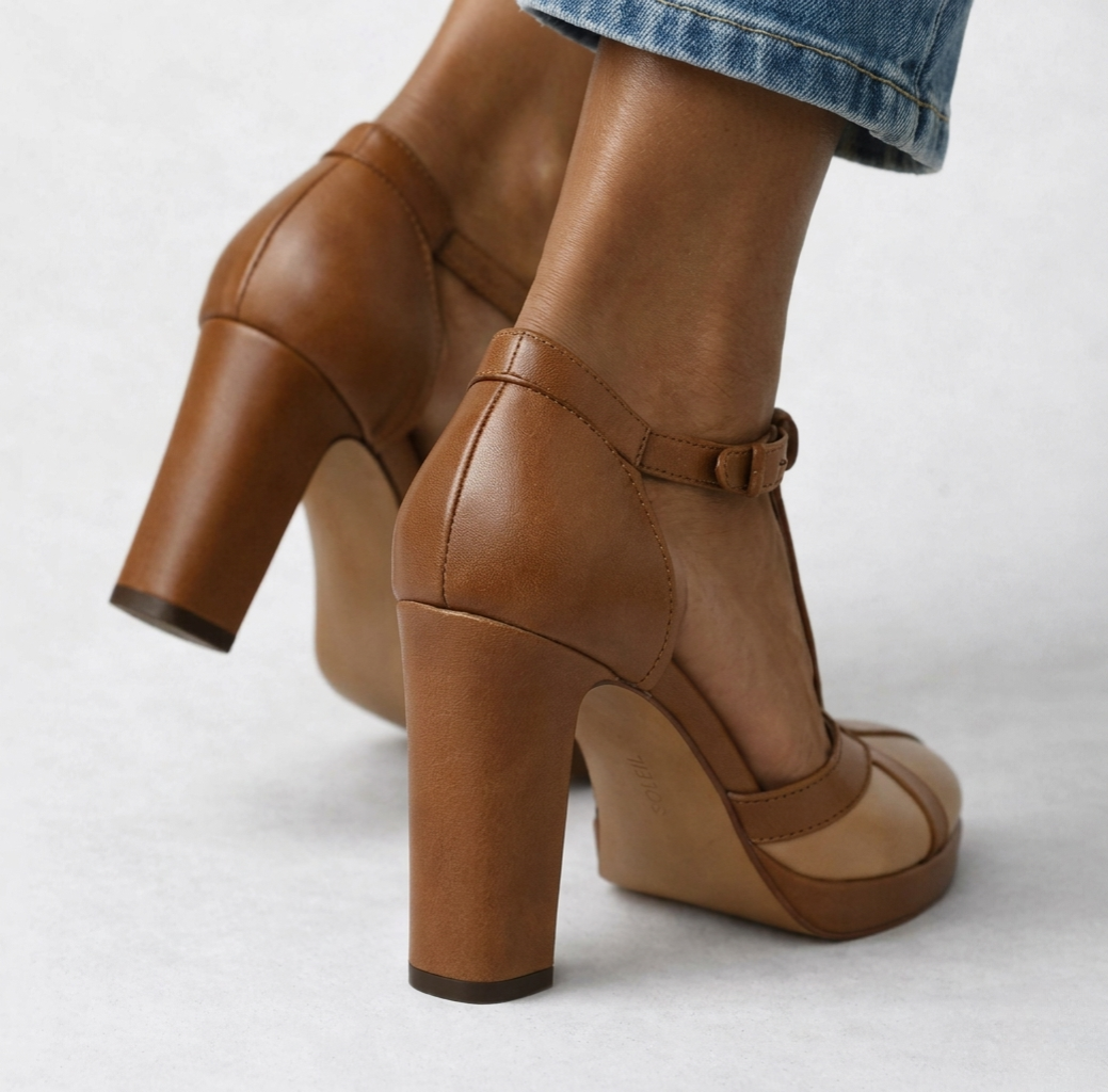 Round Toe T-Strap Platform Block Heel Pumps