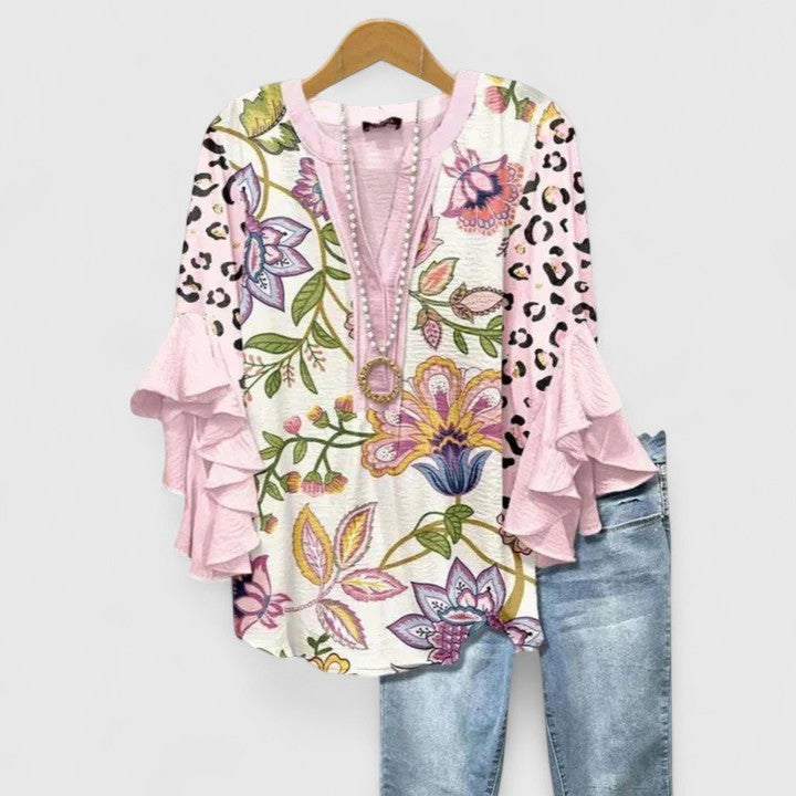Floral Print V-Neck Ruffle Flare Sleeve Blouse