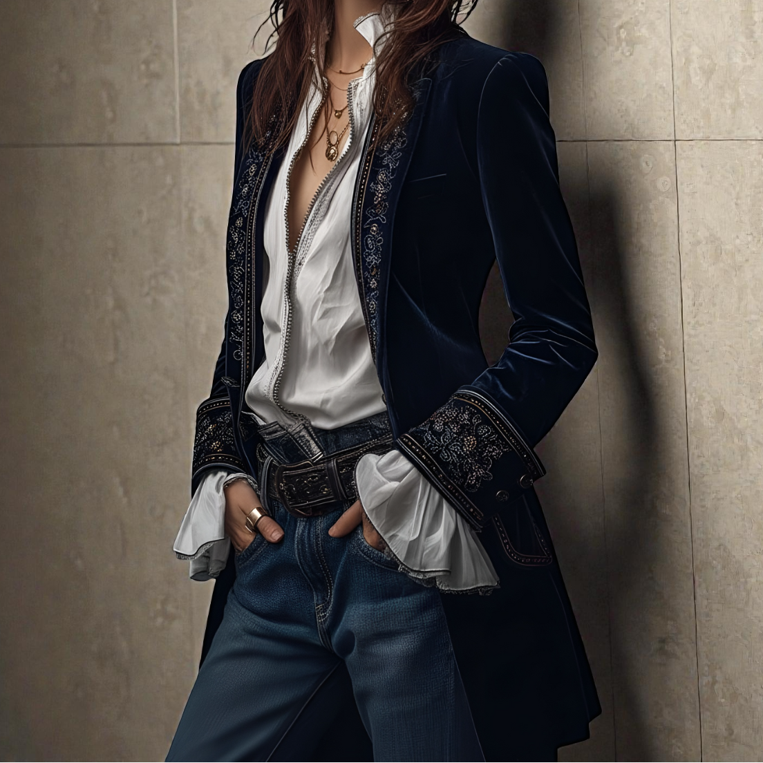Floral Embroidered Velvet Longline Blazer