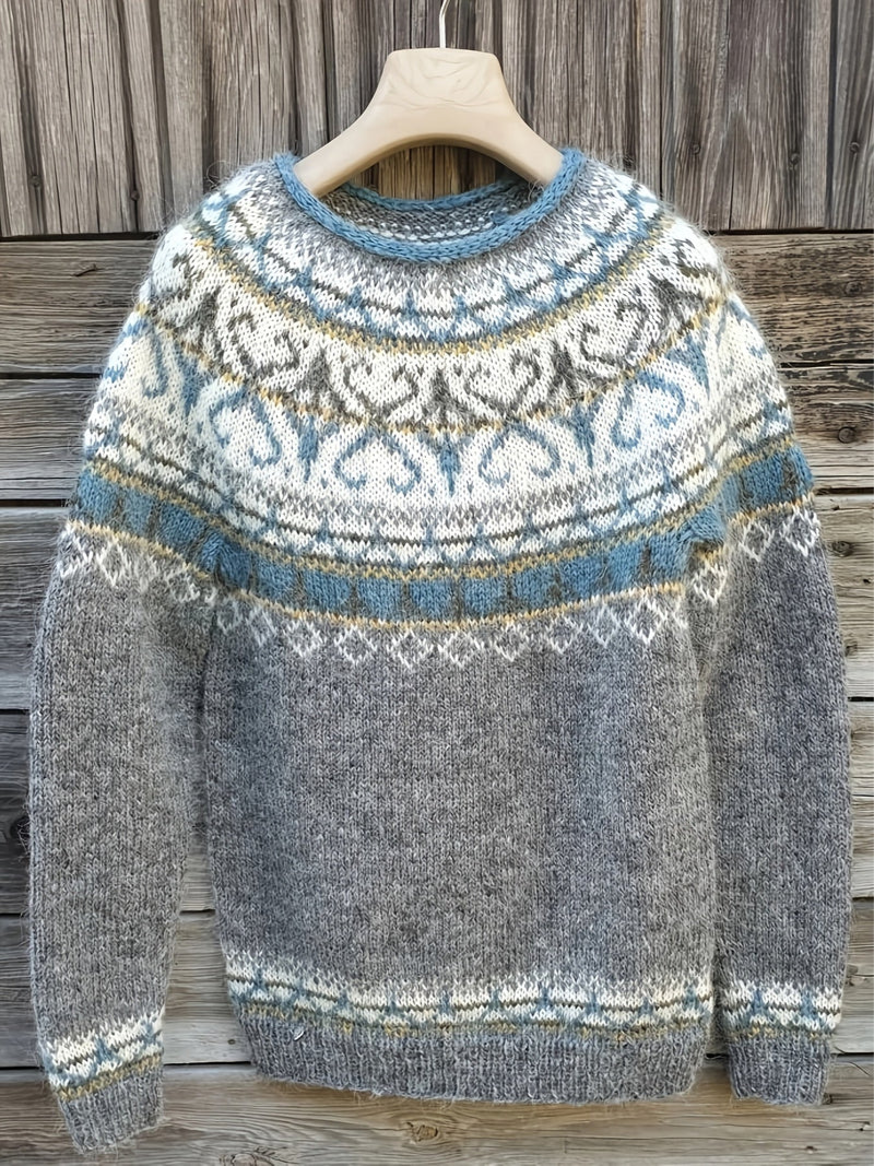 Crew Neck Long Sleeve Fair Isle Yoke Knit Sweater