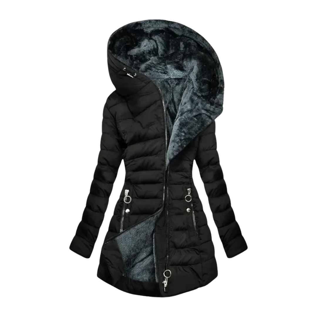 Hooded Fleece Lined Zip Front Longline Puffer Jacket