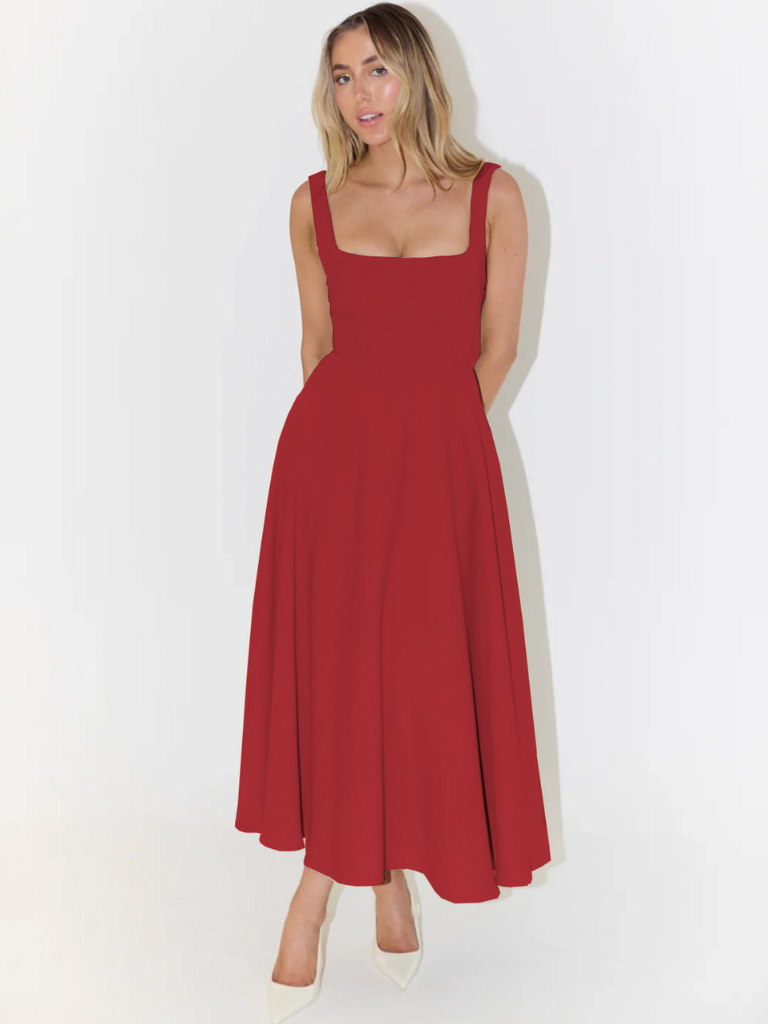 Square Neck Sleeveless Fit and Flare Maxi Dress Wedding Guest