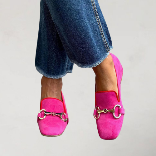 Square Toe Buckle Suede Look Flat Loafers