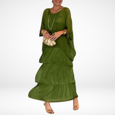 Chiffon Round Neck Batwing Sleeve Layered Tiered Maxi Dress
