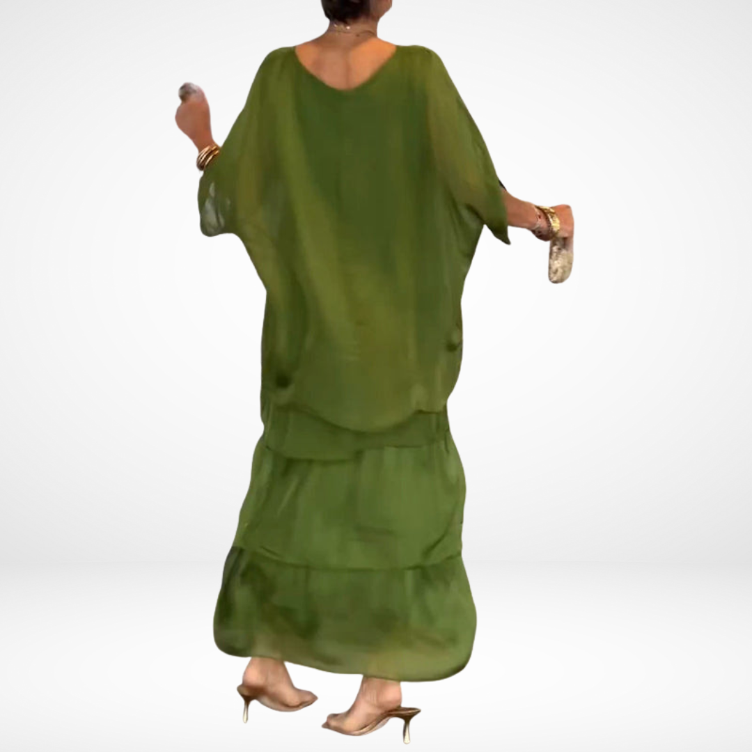 Chiffon Round Neck Batwing Sleeve Layered Tiered Maxi Dress 3
