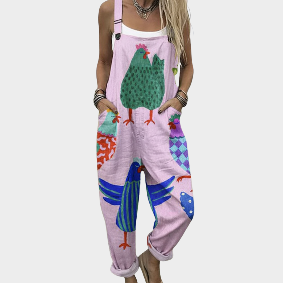 Rooster Print Wide Leg Overall Jumpsuit