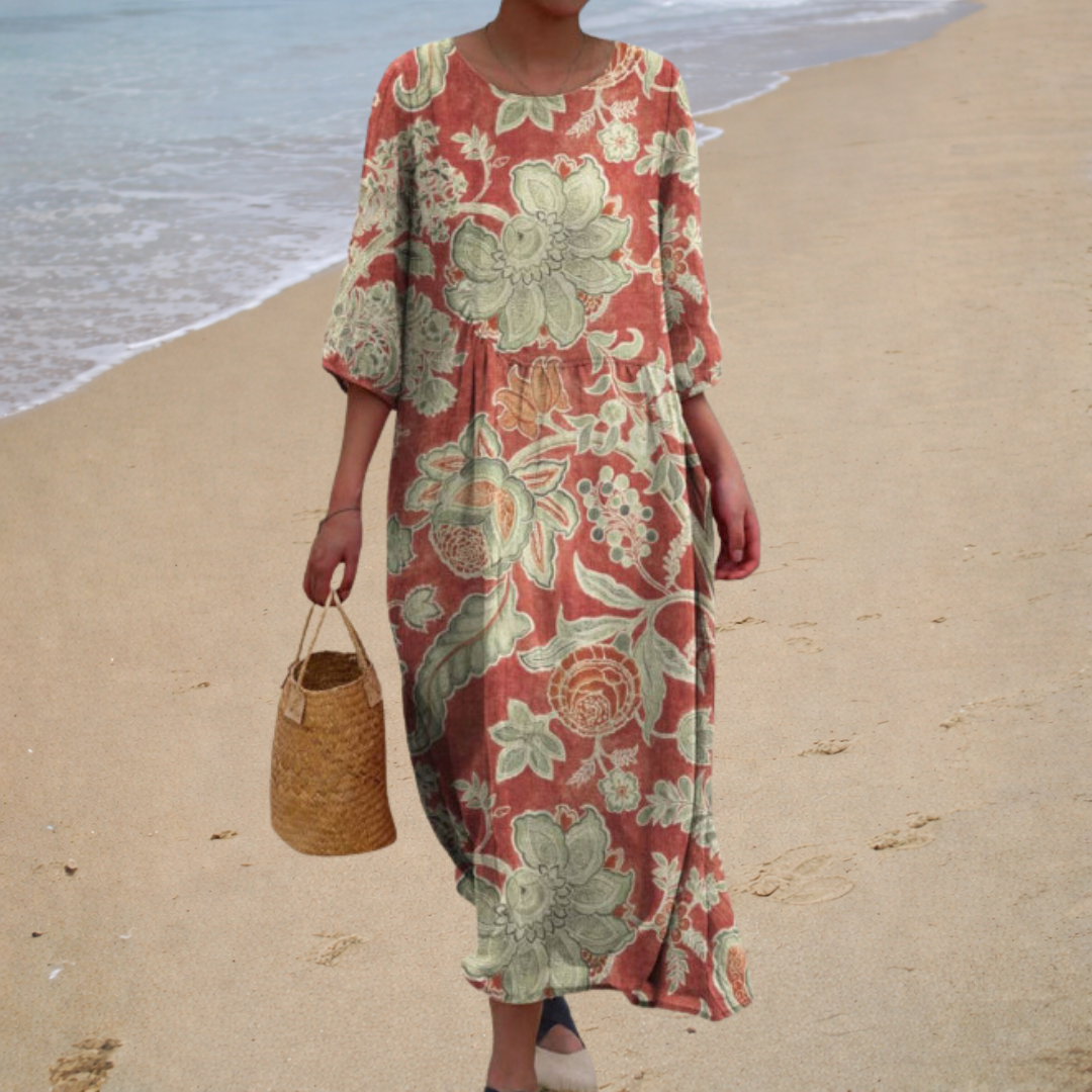 Floral Print Round Neck Half Sleeve Maxi Dress