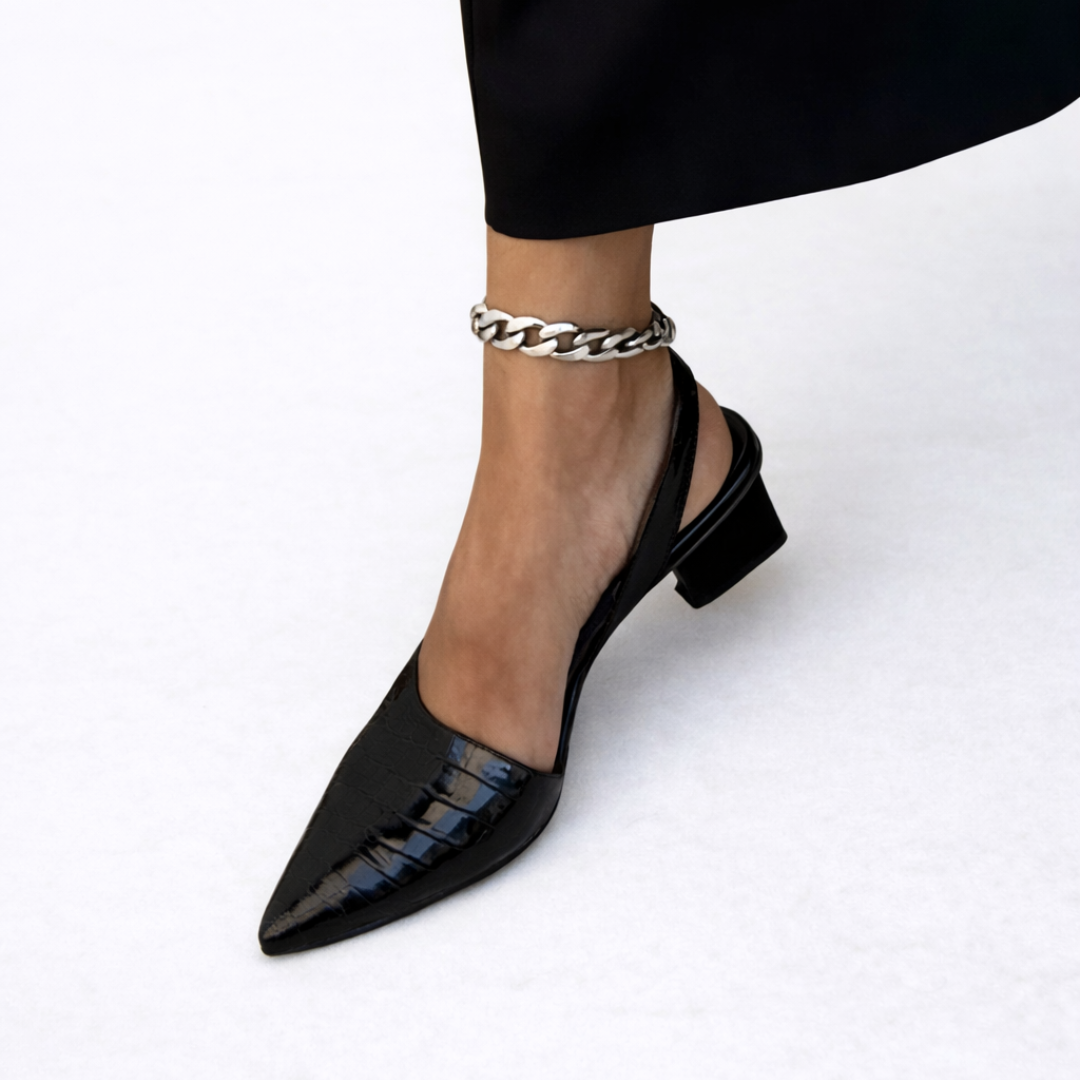 Pointed Toe Croc Look Block Heel Slingback Pumps