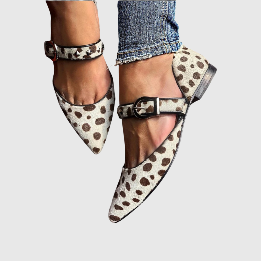 Animal Print Pointed Toe Ankle Strap Flats