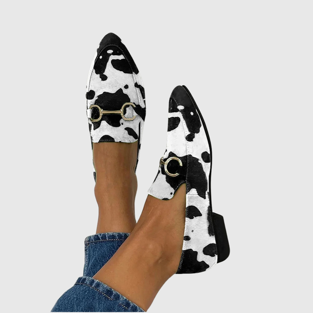 Cow Print Pointed Toe Horsebit Loafers